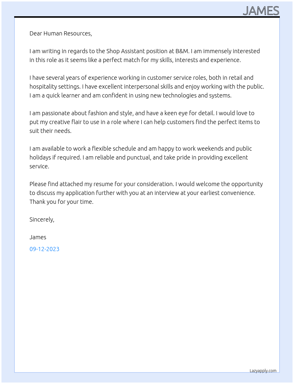 Shop assistant At B & m Cover Letter