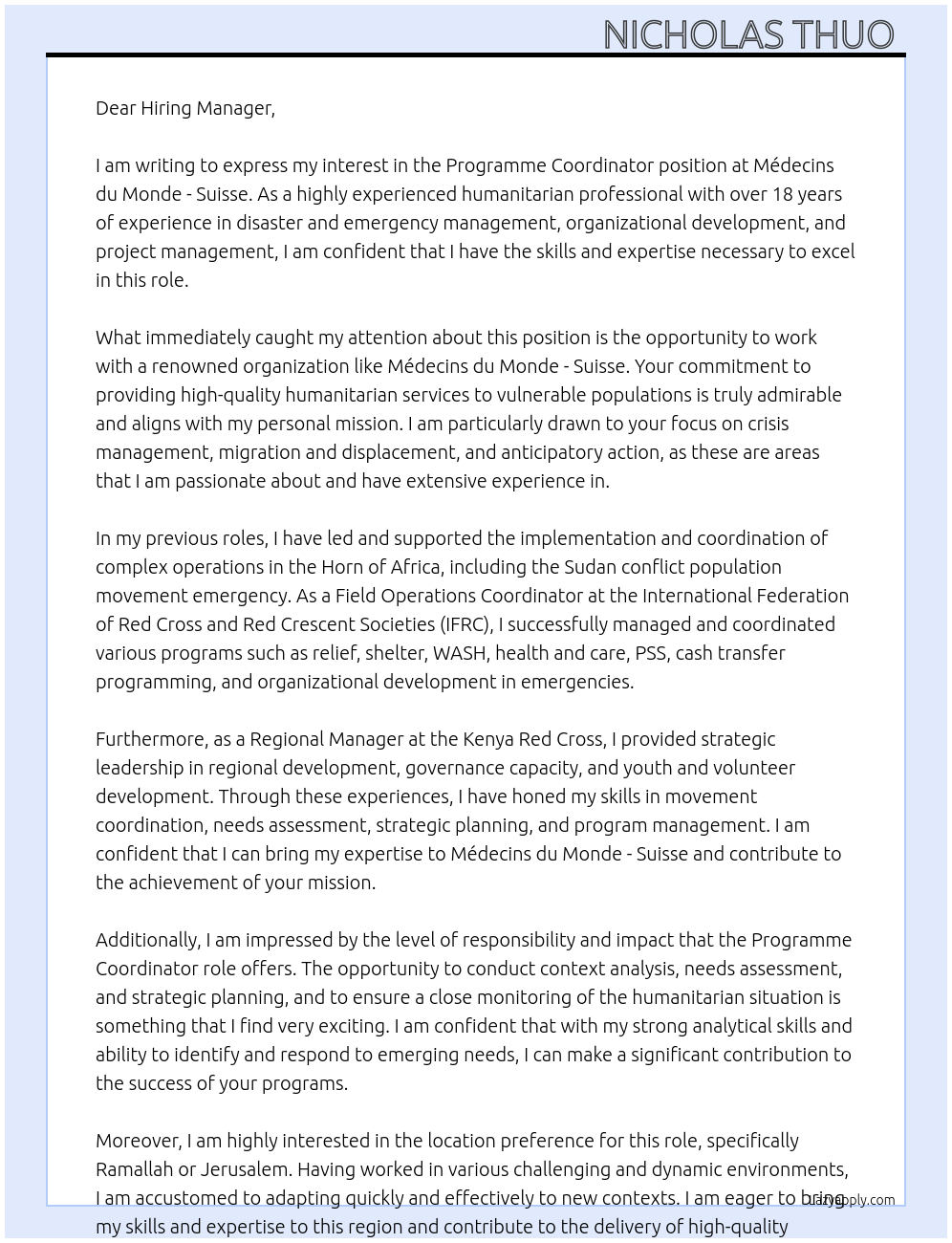 PROGRAMME COORDINATOR At Médecins du Monde - Suisse Cover Letter