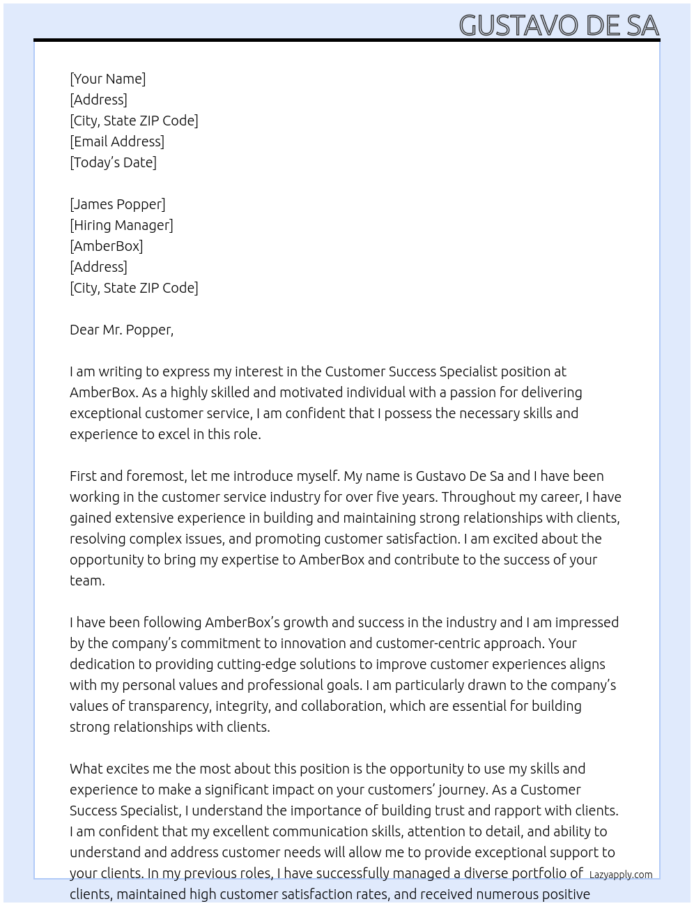 Customer Success Specialist At AmberBox Cover Letter