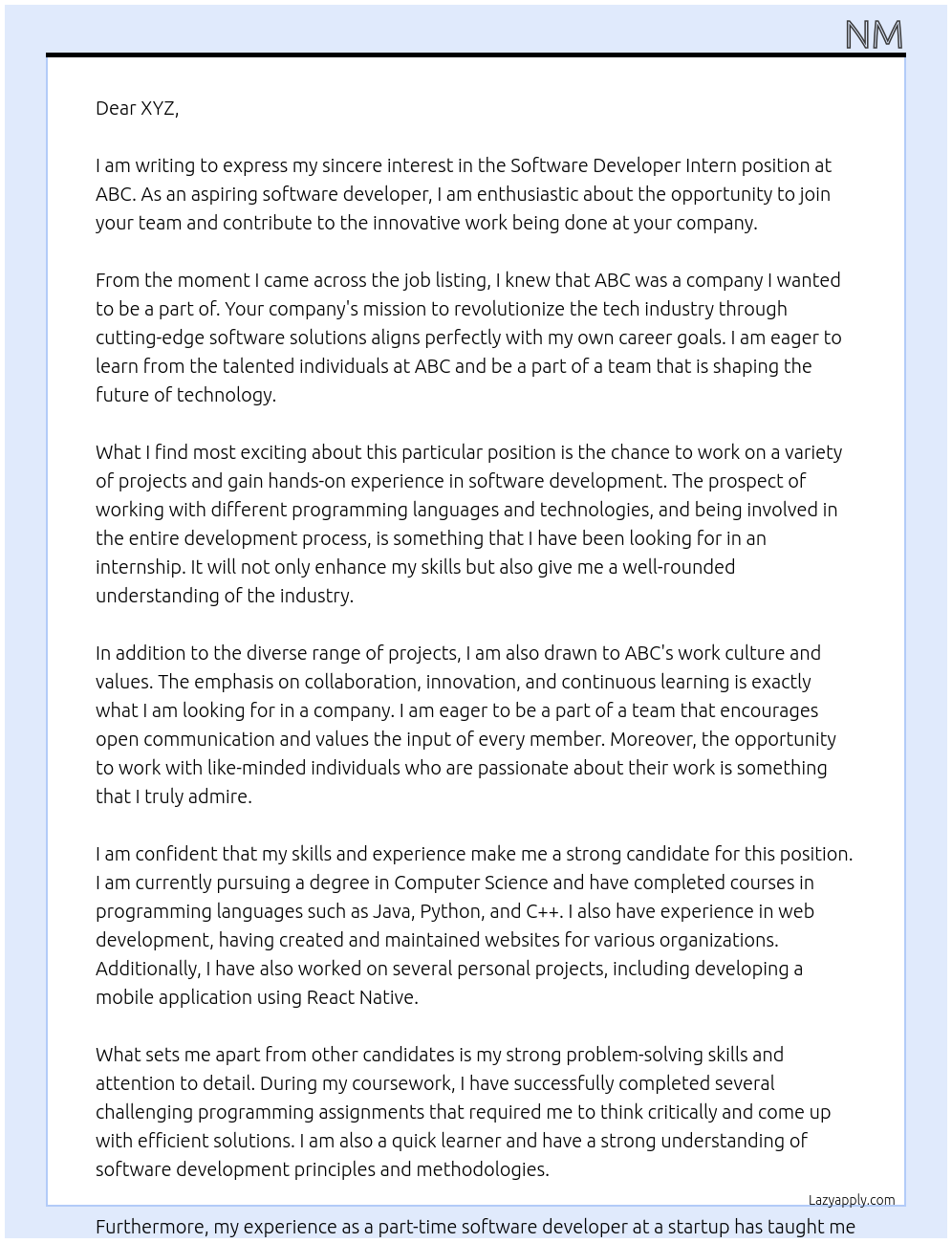 Software Developer Intern At ABC Cover Letter