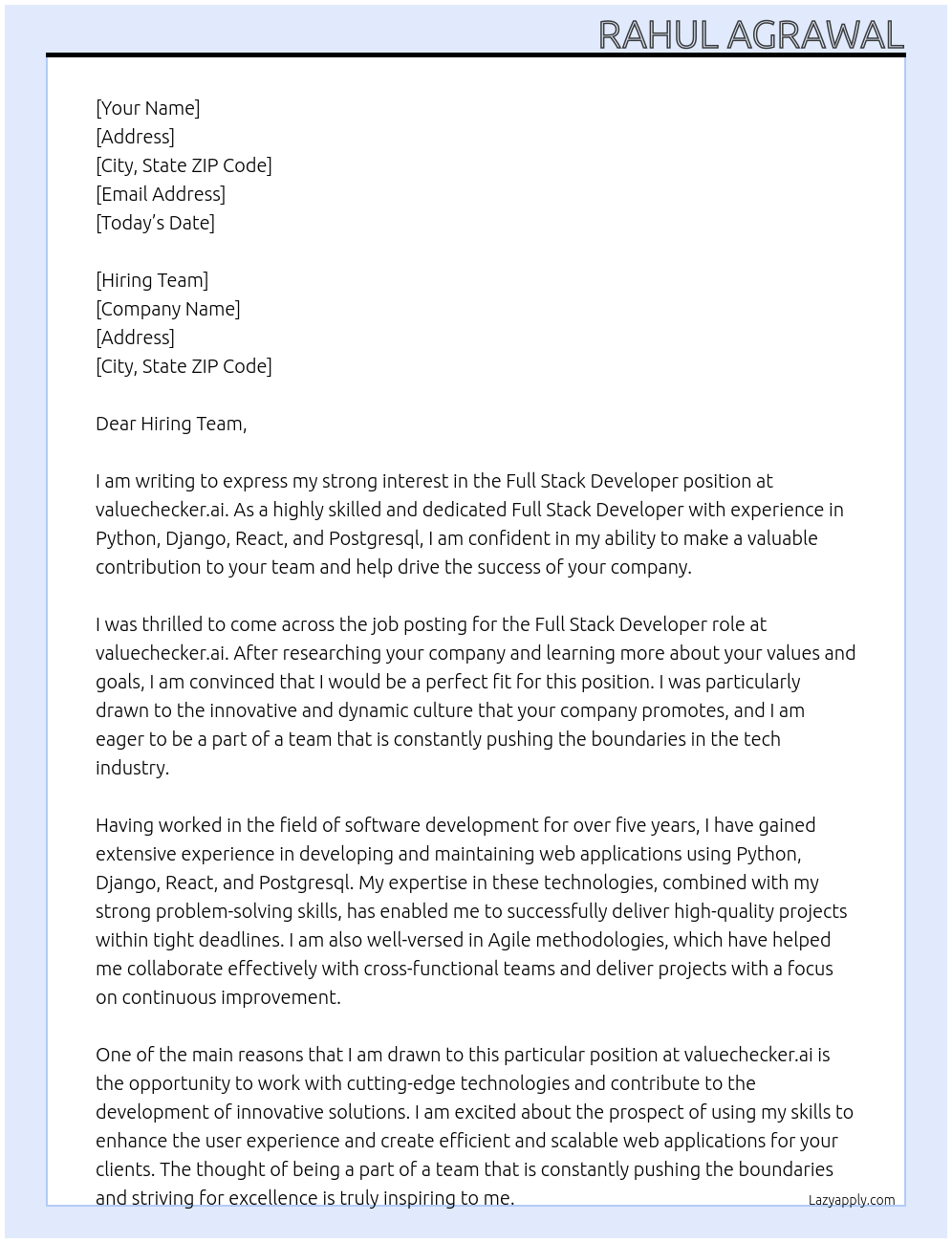 Full Stack Developer At valuechecker.ai Cover Letter