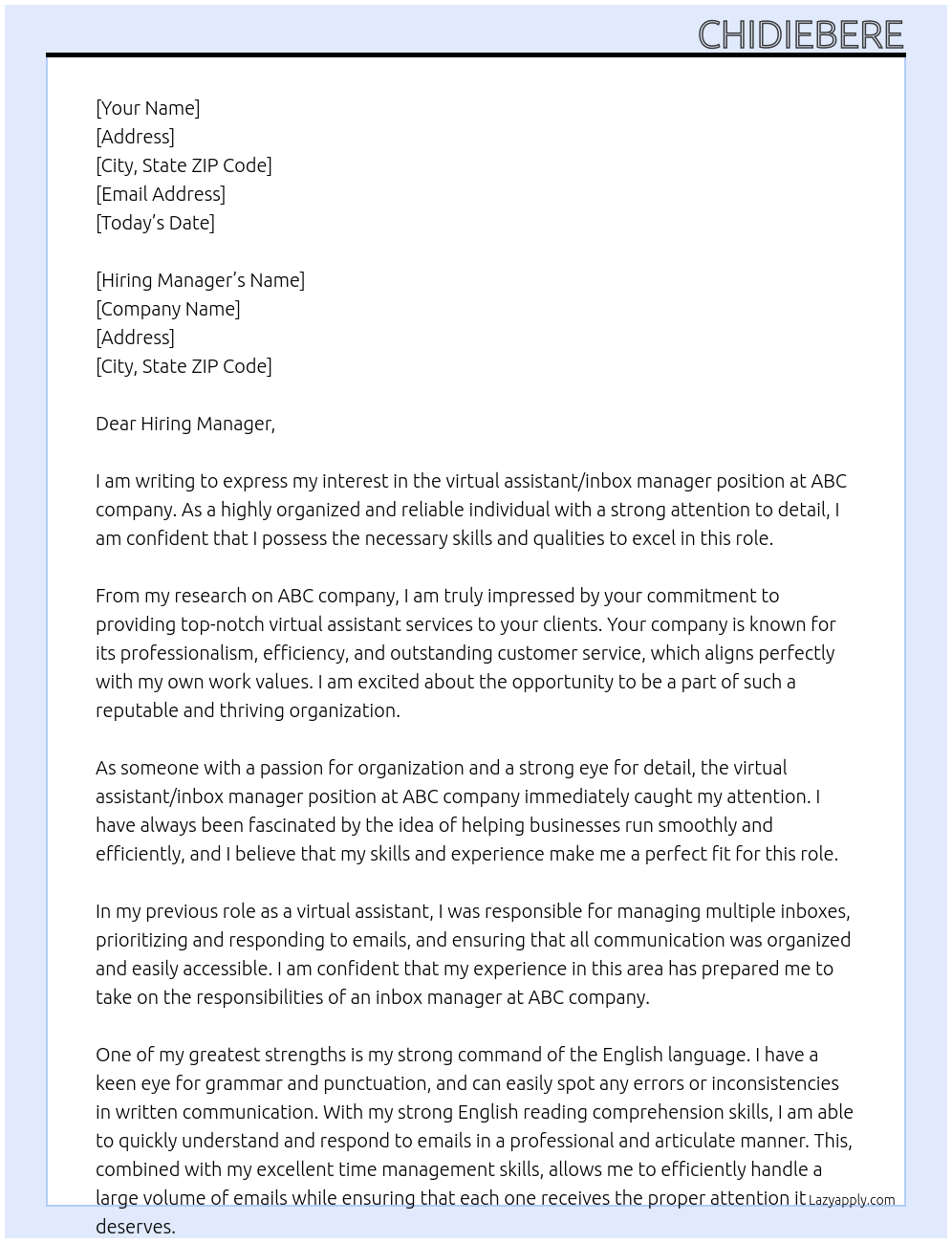 Cover letter for virtual assistant/ inbox manager - LazyApply
