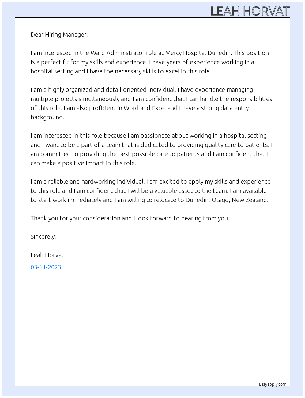 Ward Administrator At Mercy Hospital Dunedin Cover Letter