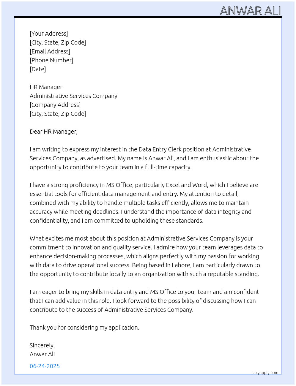 Data Entry Clerk At Administrative Services Company Cover Letter