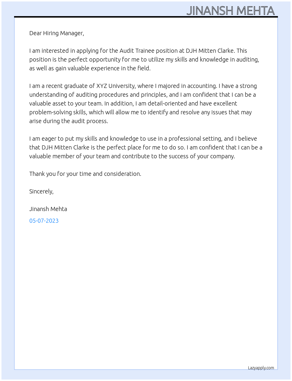 Audit Trainee At DJH Mitten Clarke Cover Letter