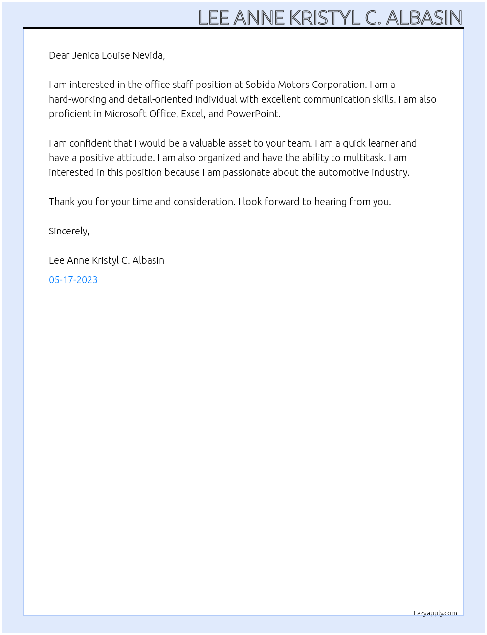 Office Staff At Sobida Motors Corporation Cover Letter