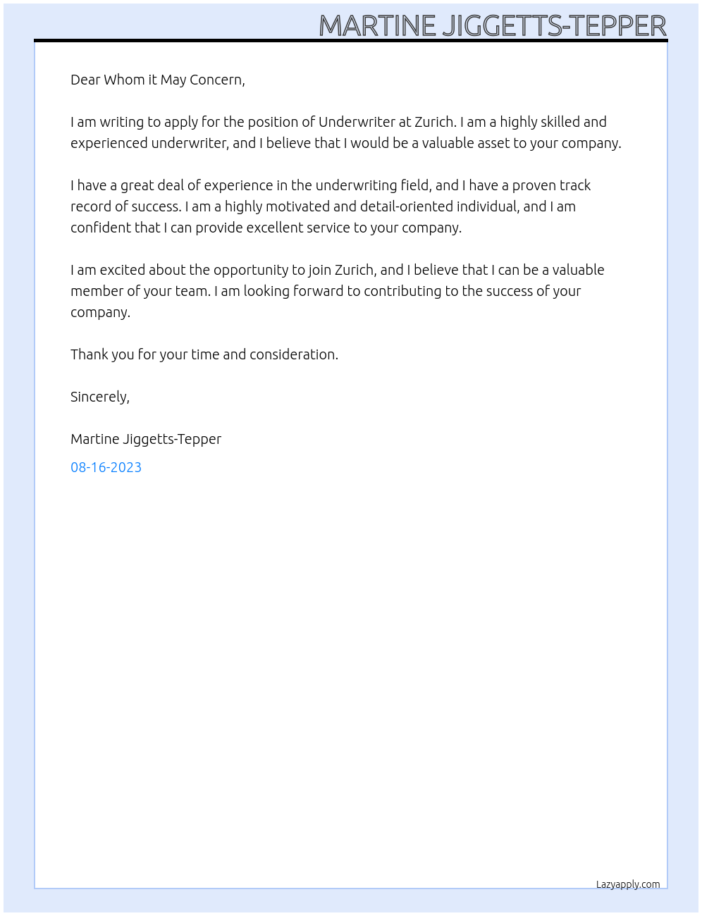 Underwriter At Zurich Cover Letter