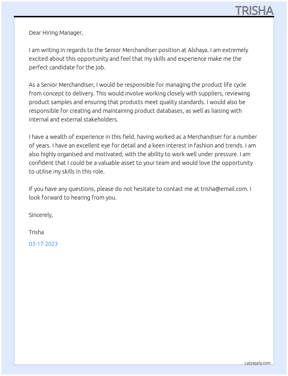 Senior Merchandiser At Alshaya Cover Letter