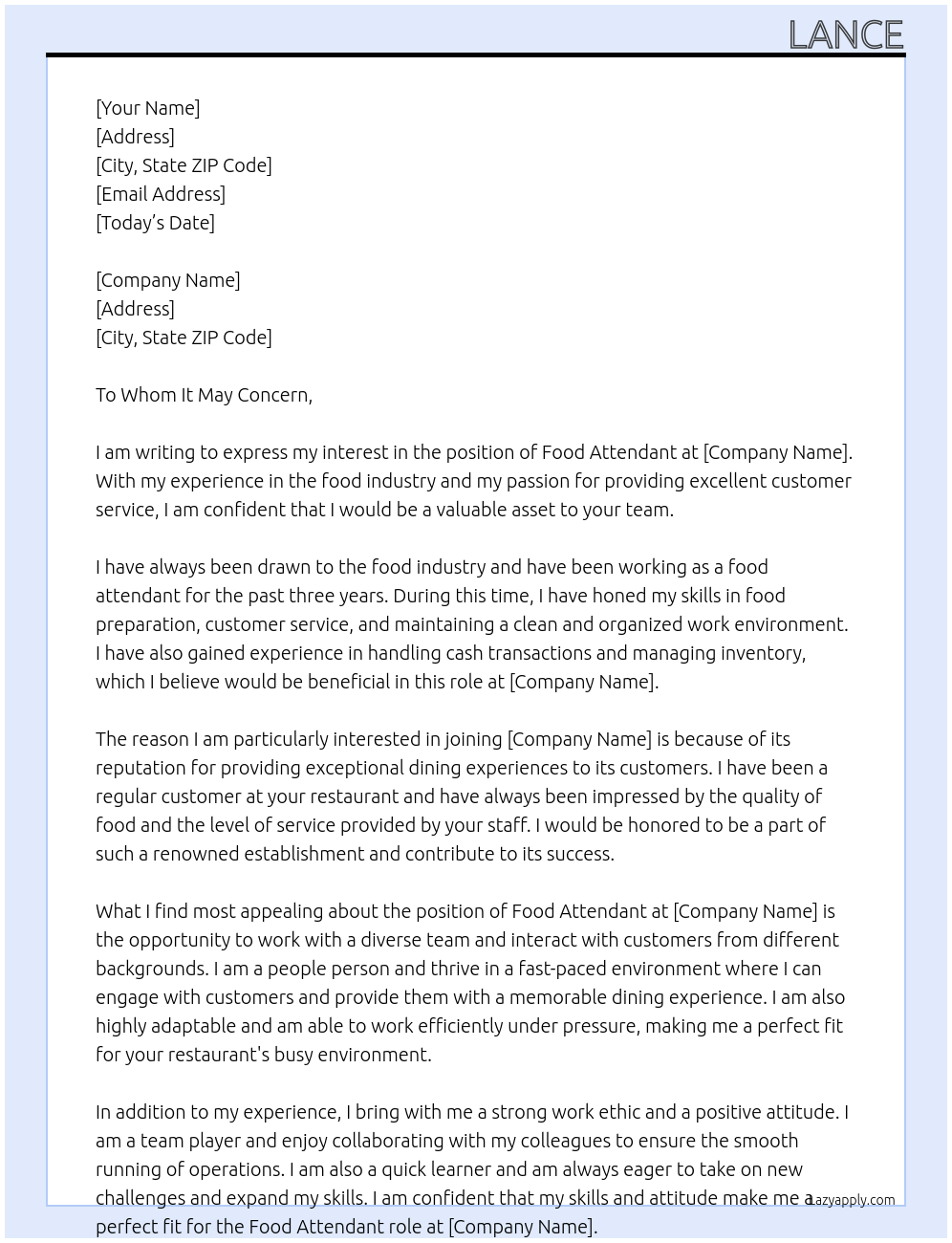 food attendant At company Cover Letter