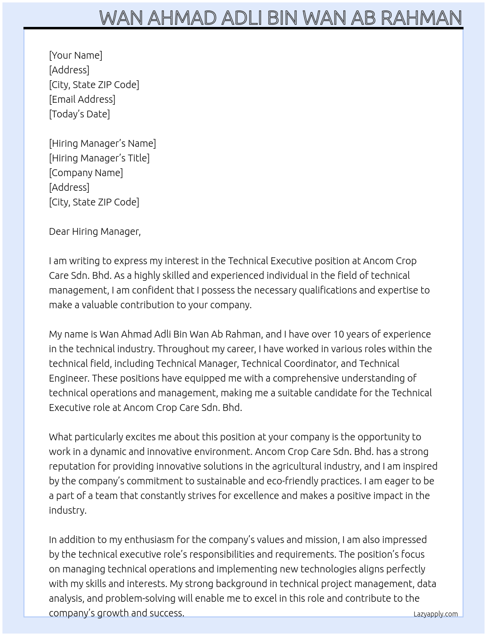 Technical Executive At Ancom Crop Care Sdn. Bhd. Cover Letter