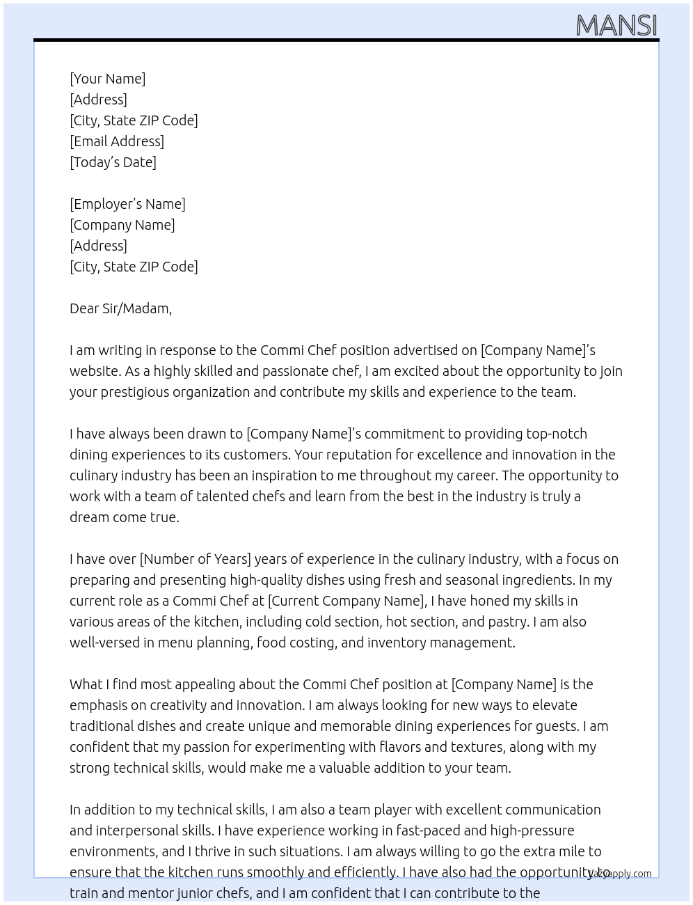 Commi chef At Organisation Cover Letter