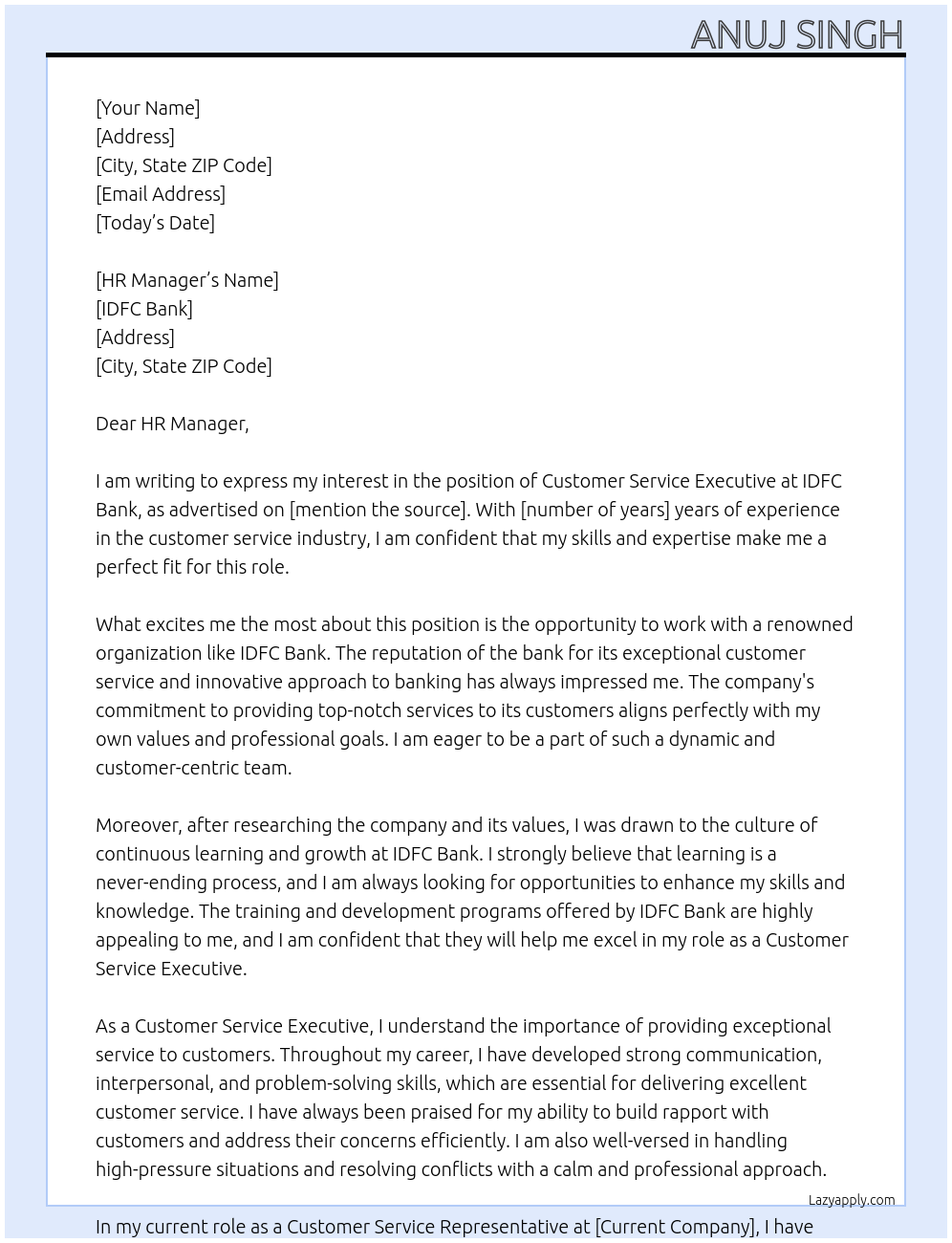 Customer Service Executive At idfc bank Cover Letter