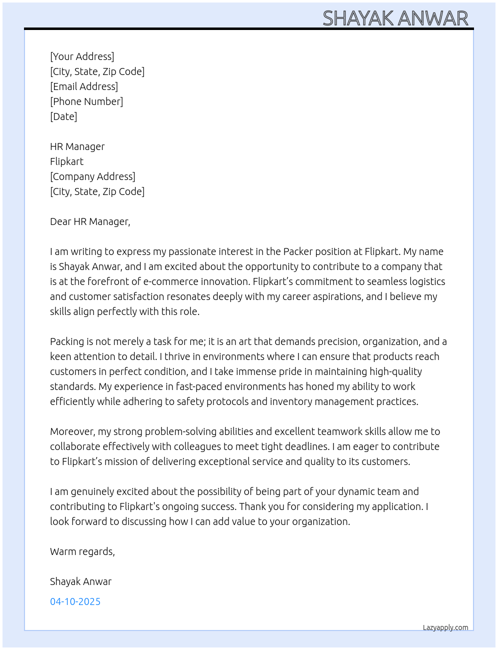 Packer At Flipkart  Cover Letter