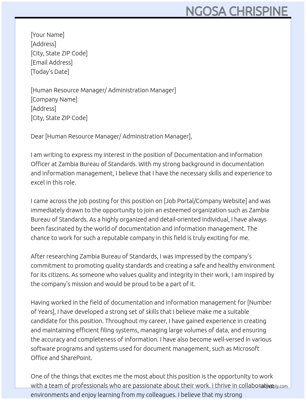 Cover letter for documentation and information officer - LazyApply