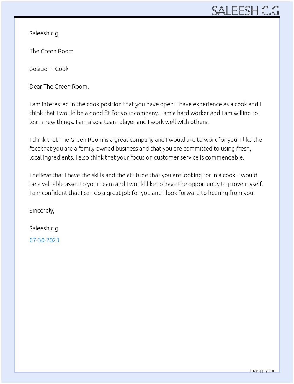 Cook At The Green Room Cover Letter