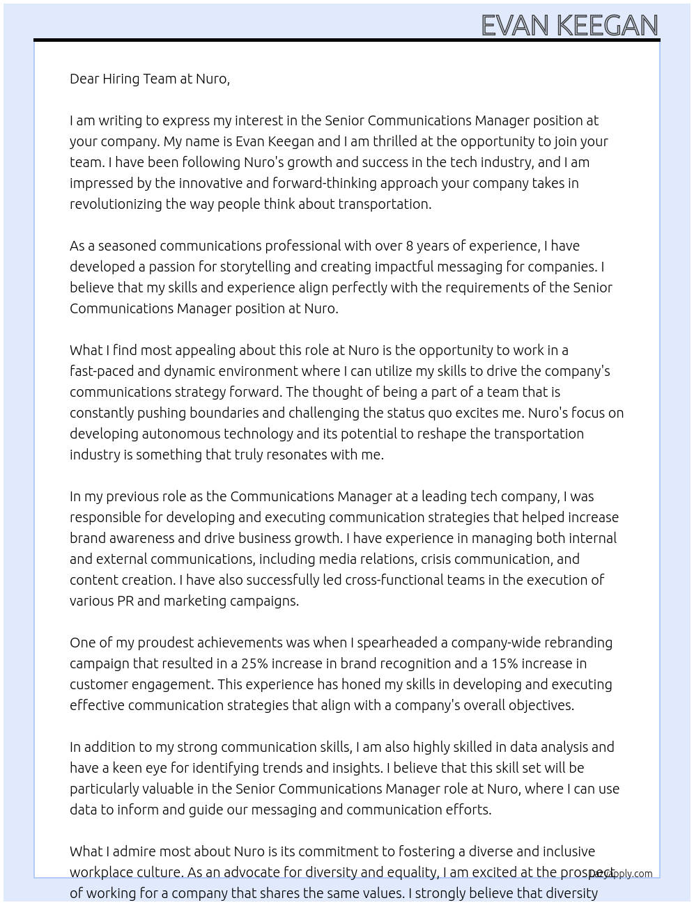 Senior Communications Manager At Nuro Cover Letter