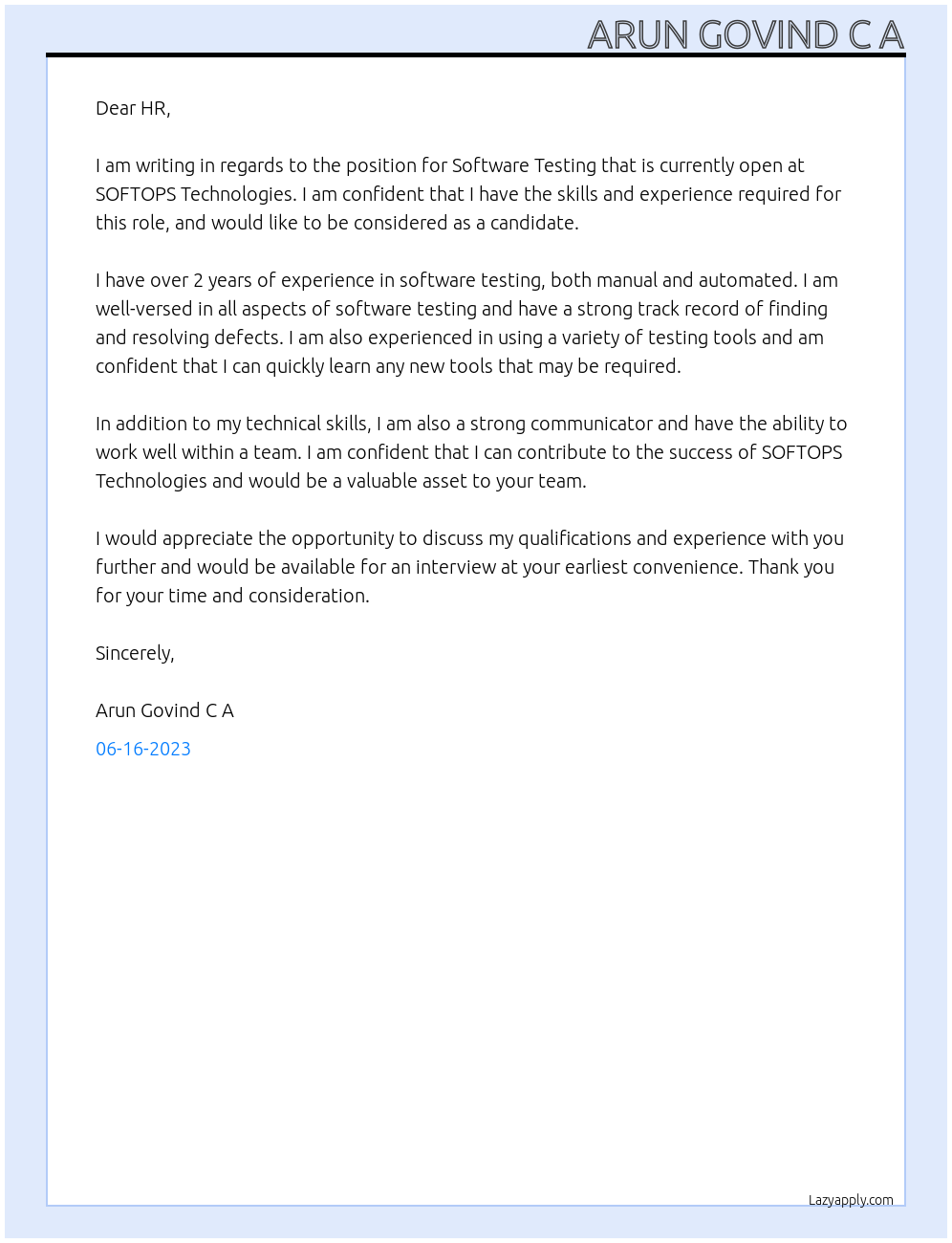 Software Testing  At SOFTOPS Technologies  Cover Letter