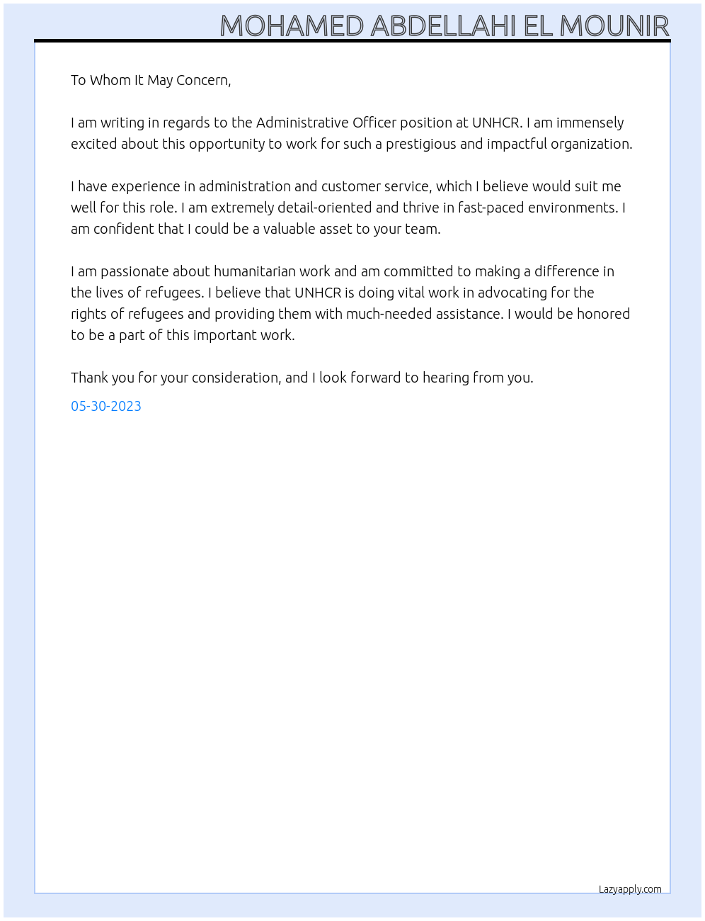 Administrative Officer At United Nations High Commissionner for Refugees Cover Letter