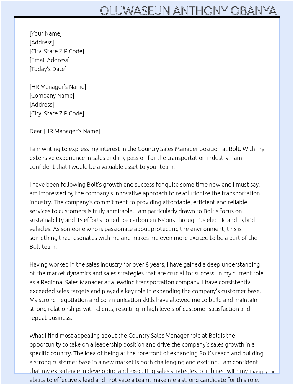 Country sales manager At Bolt Cover Letter