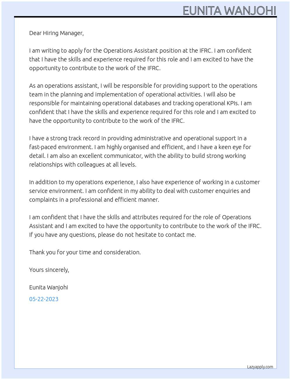 Operations Assistant At IFRC Cover Letter