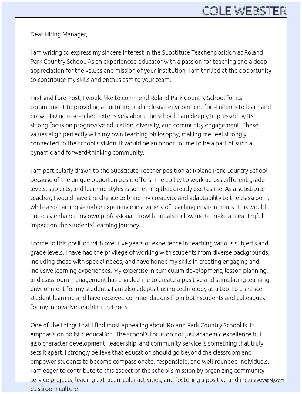 Substitute Teacher At Roland Park Counrty School Cover Letter