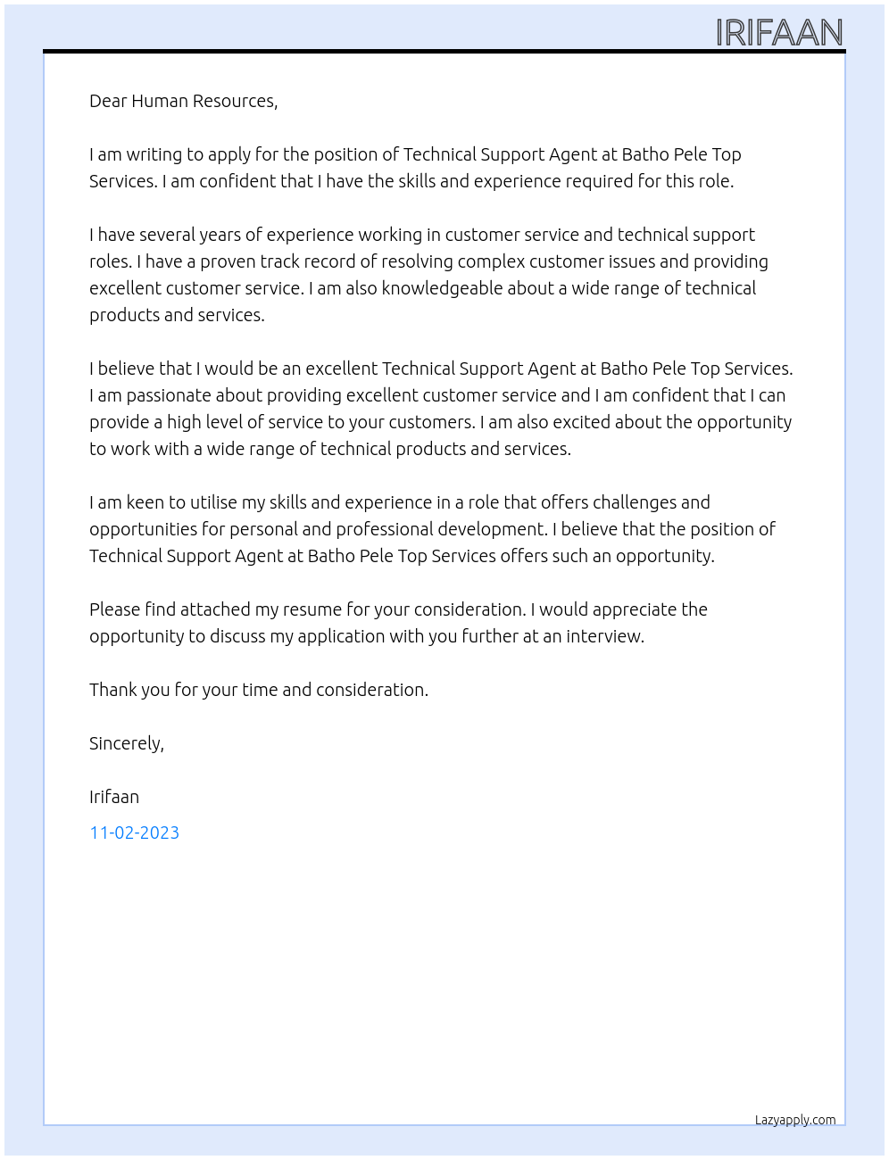 Technical Support Agent At Batho Pele Top Services Cover Letter