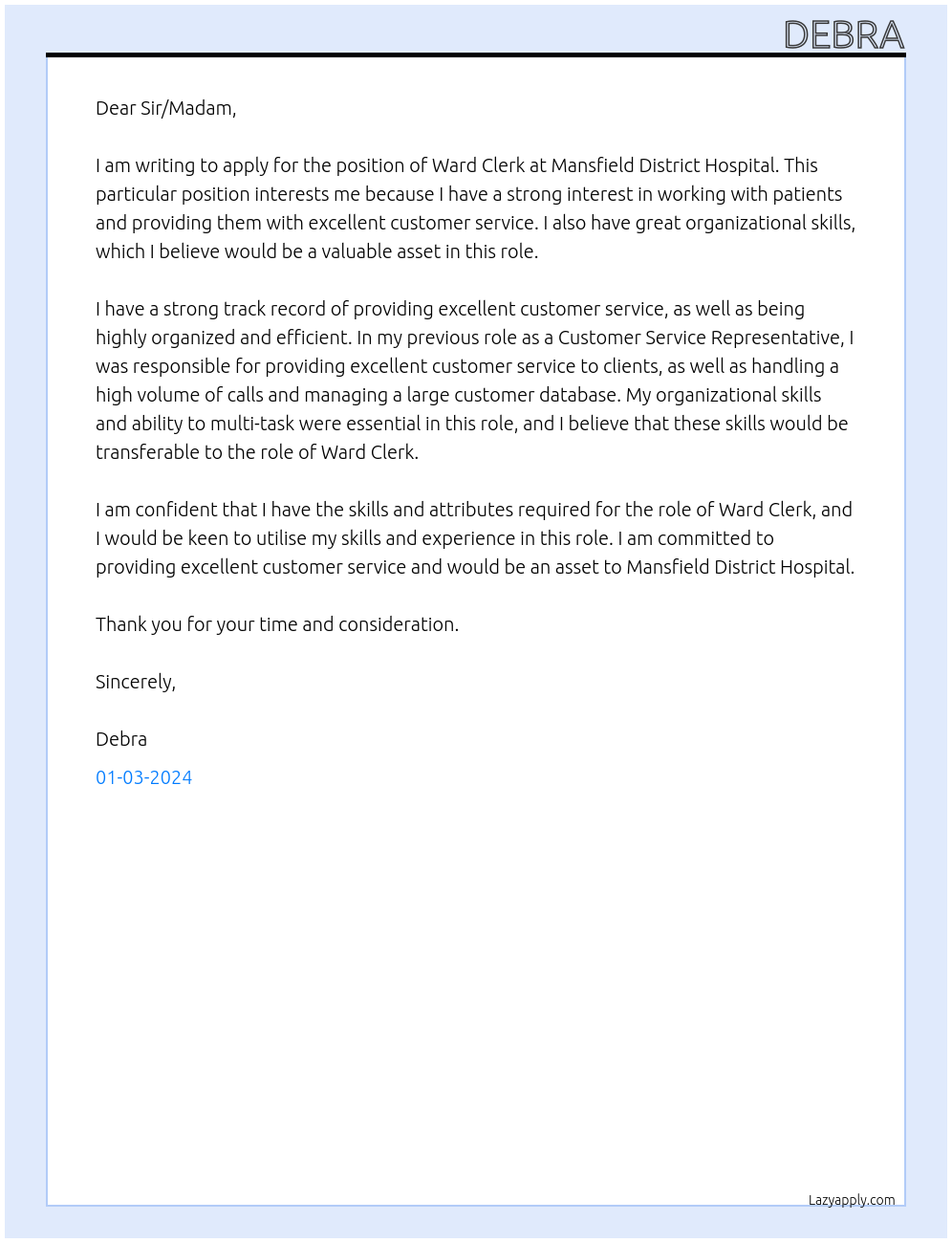 Ward Clerk At Mansfield District Hospital Cover Letter