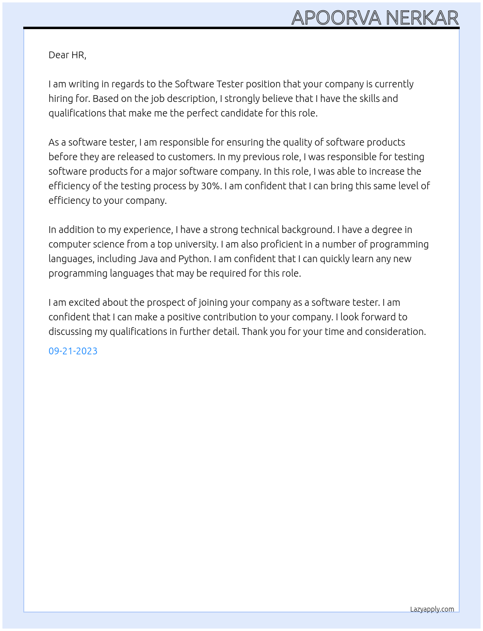 Software Tester  At IT companies  Cover Letter