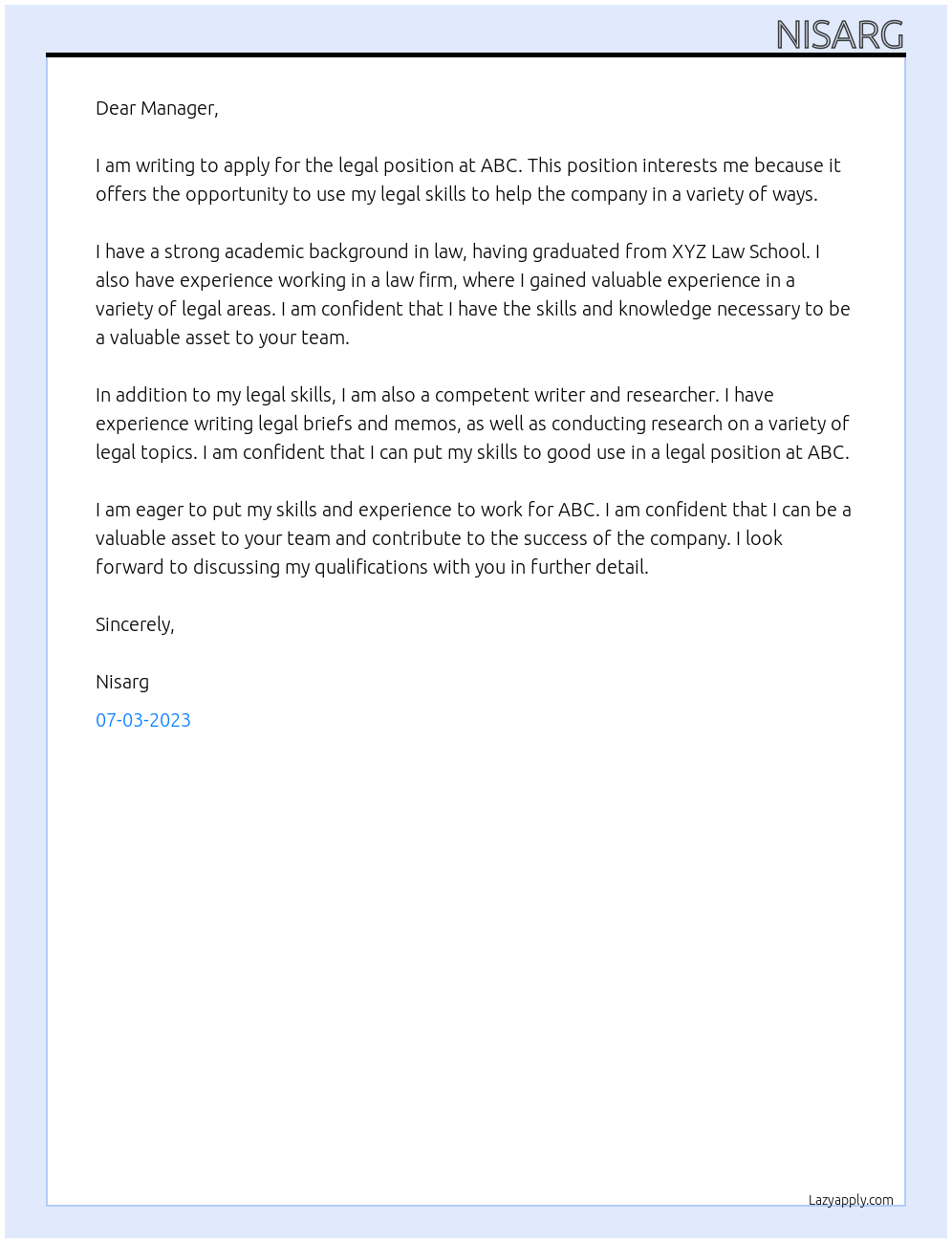 legal At abc Cover Letter