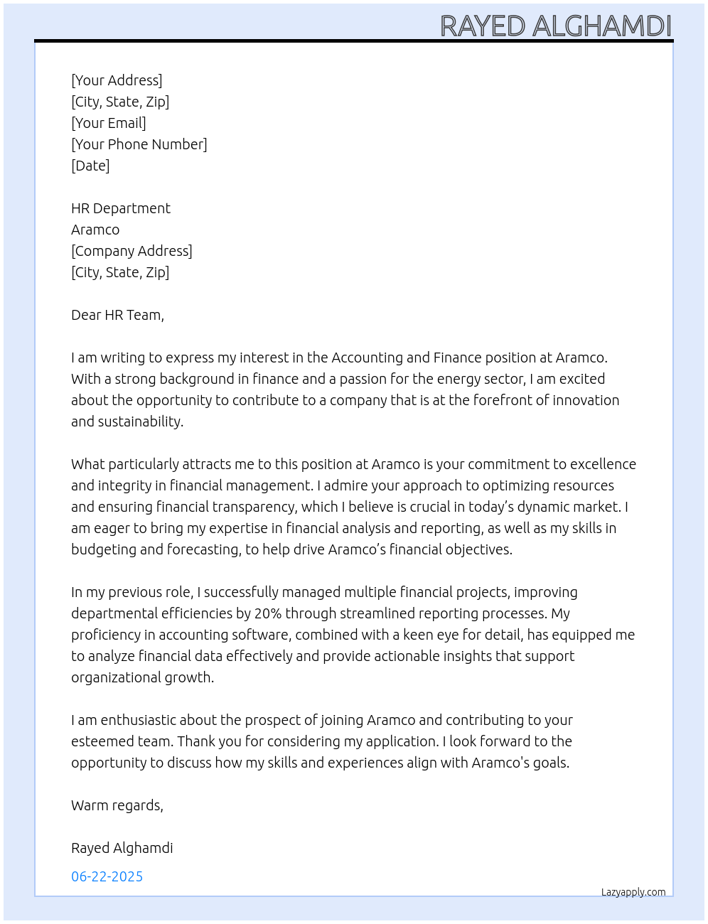 Accounting and Finance At Aramco Cover Letter