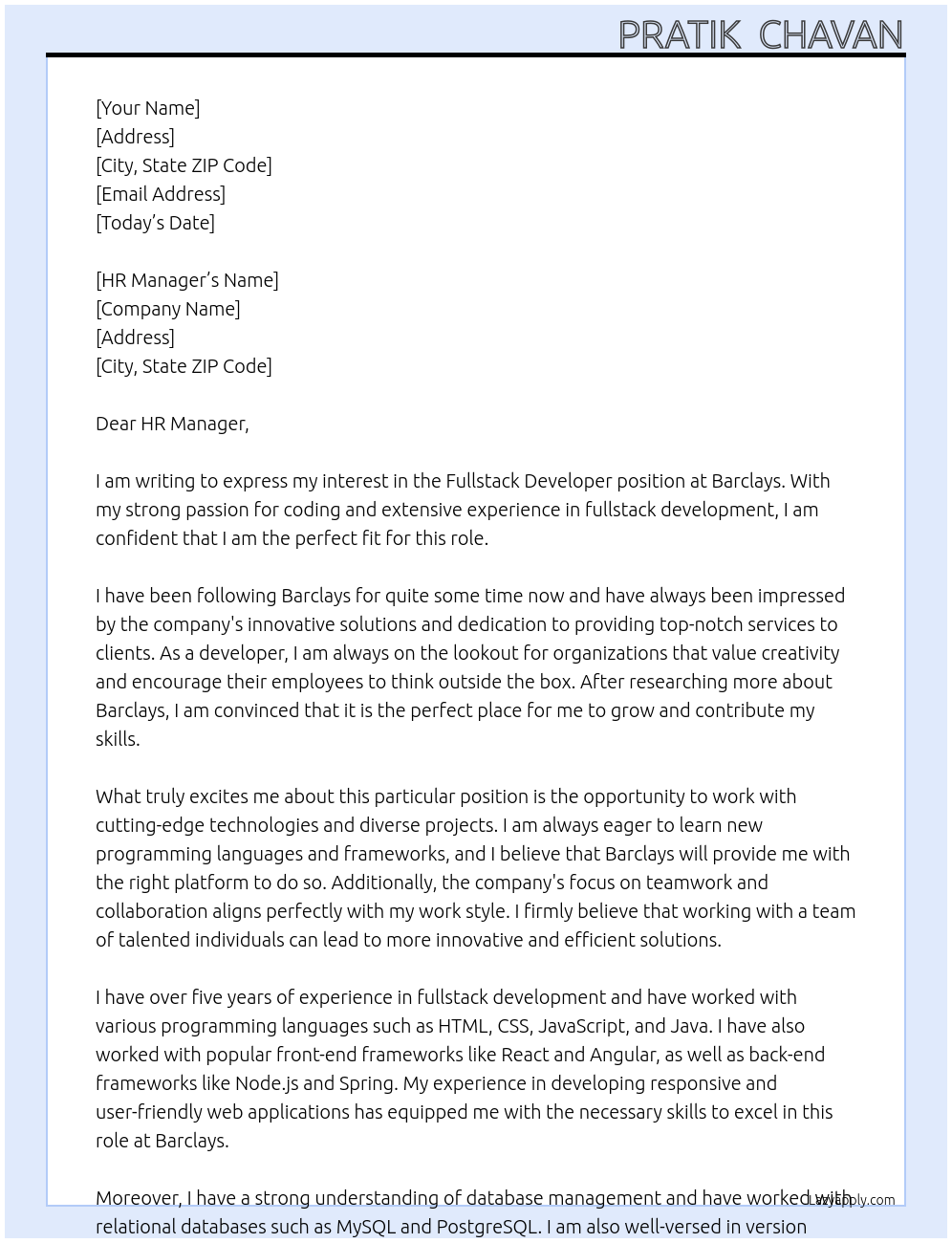Fullstack developer At Barclay Cover Letter