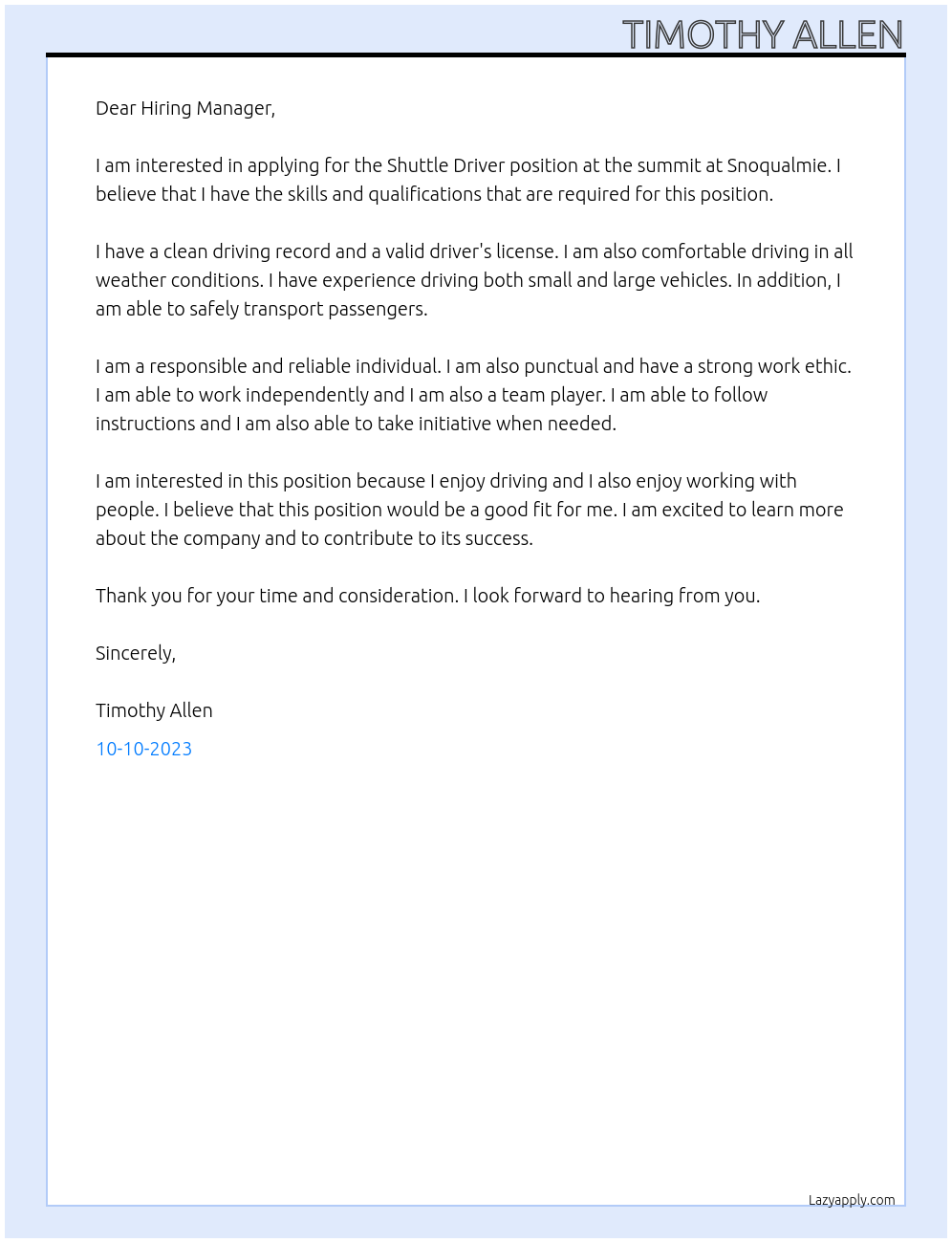 Shuttle Driver At the summit at snoqualmie Cover Letter