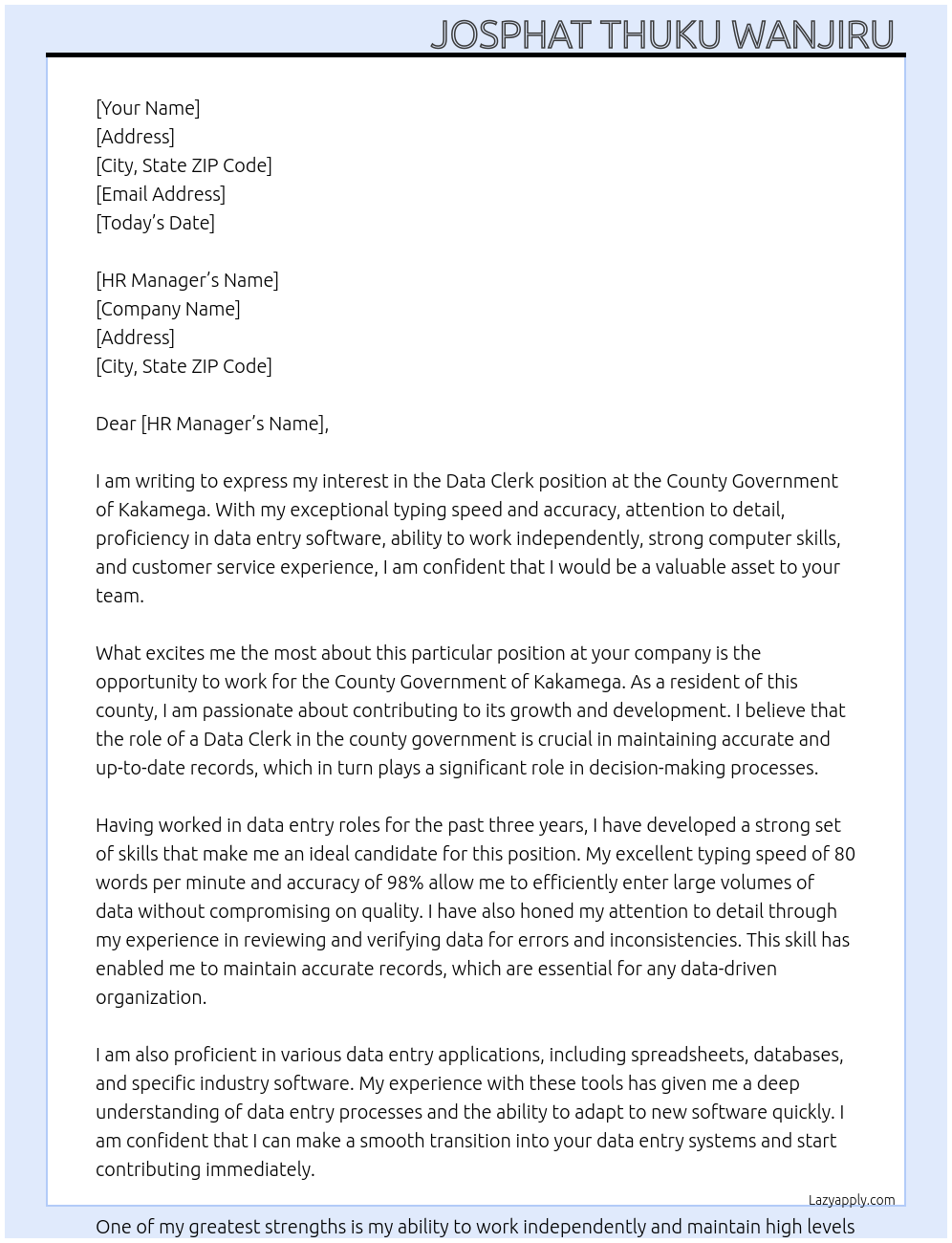 Data clerk At County government of kakamrga Cover Letter