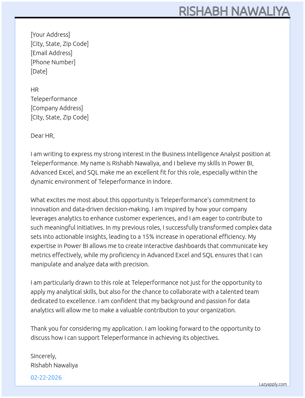 Business intelligent Analyst At Teleperformance Cover Letter