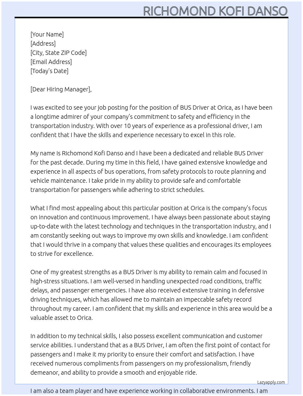 BUS Driver At ORICA Cover Letter