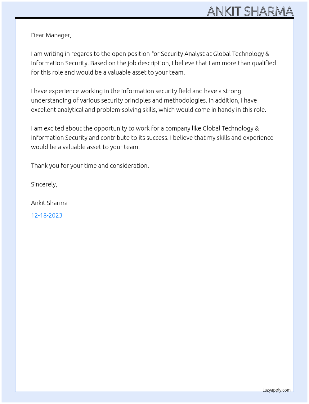 Security Analyst At Global Technology & Information Security Cover Letter