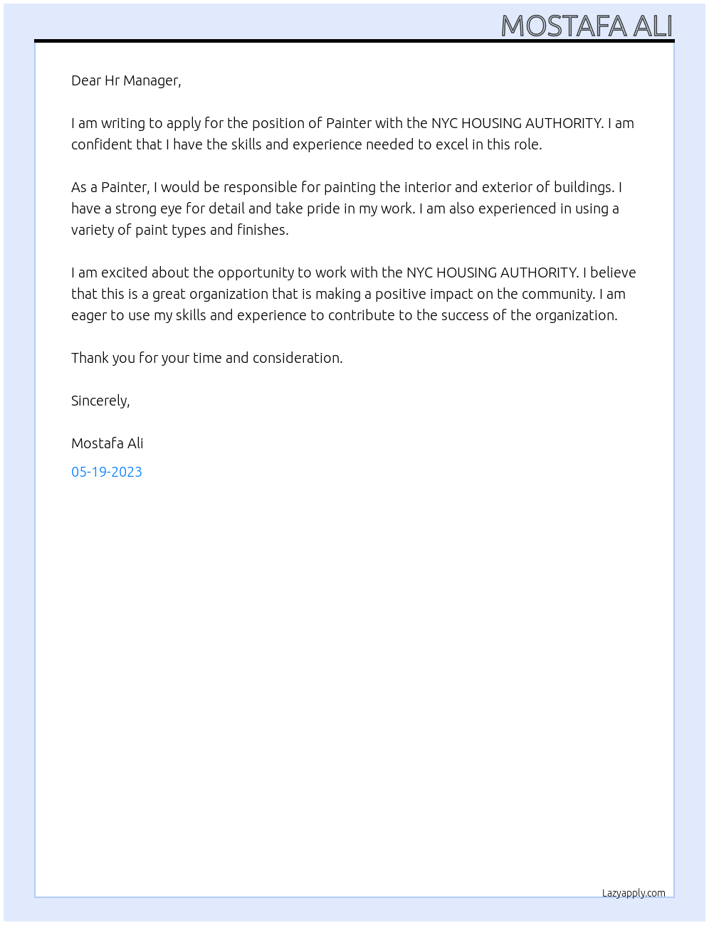 Painter At NYC HOUSING AUTHORITY Cover Letter
