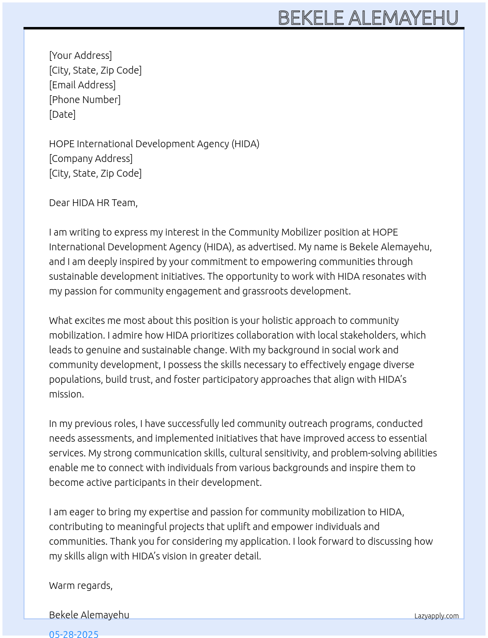 Community Mobilizer At HOPE International Development Agency (HIDA) Cover Letter