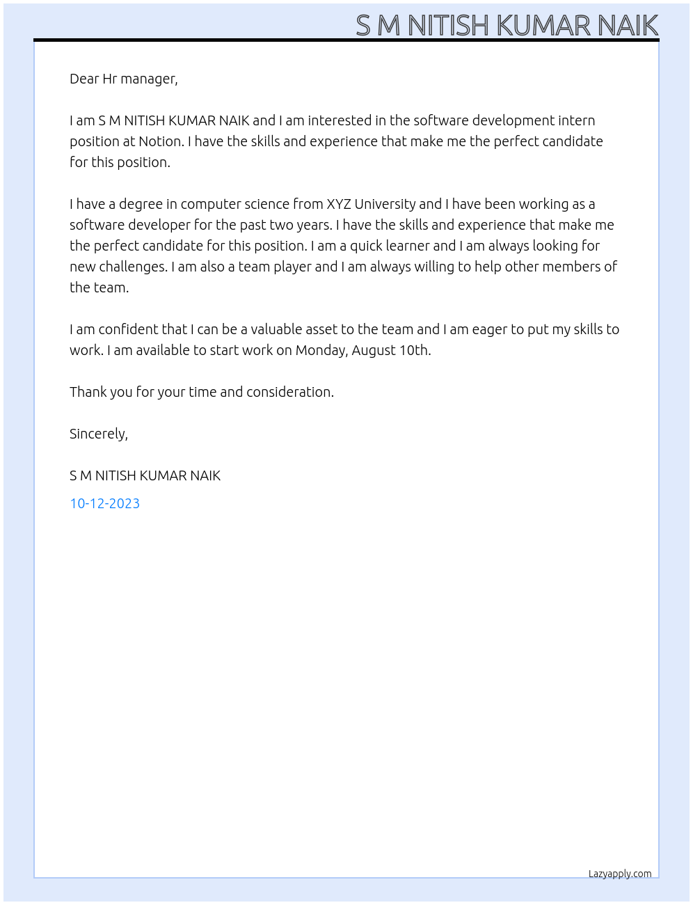Software development intern At Notion Cover Letter