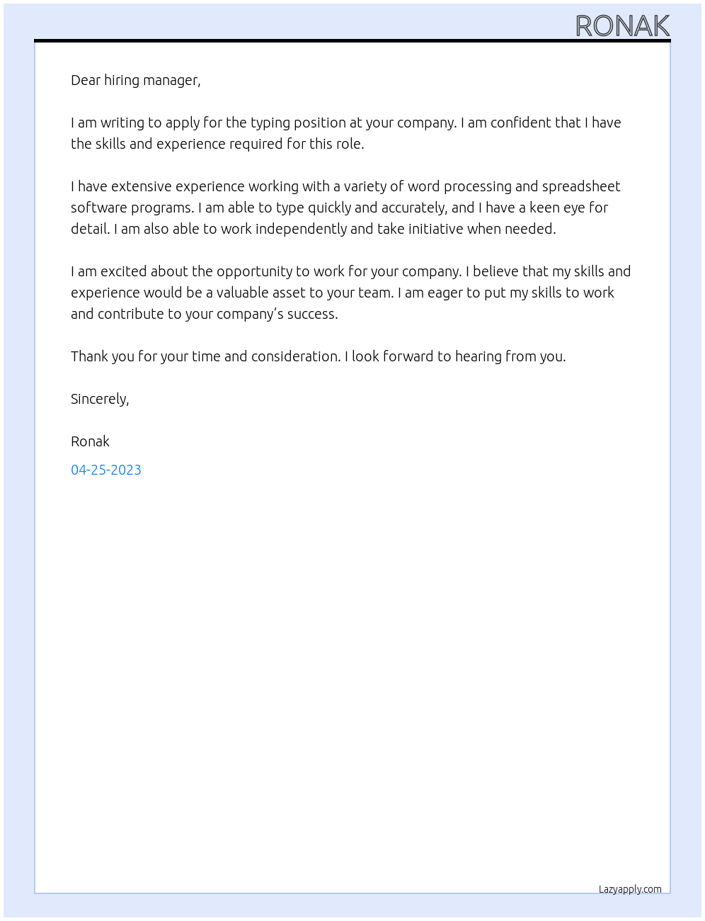 typing At typing job Cover Letter