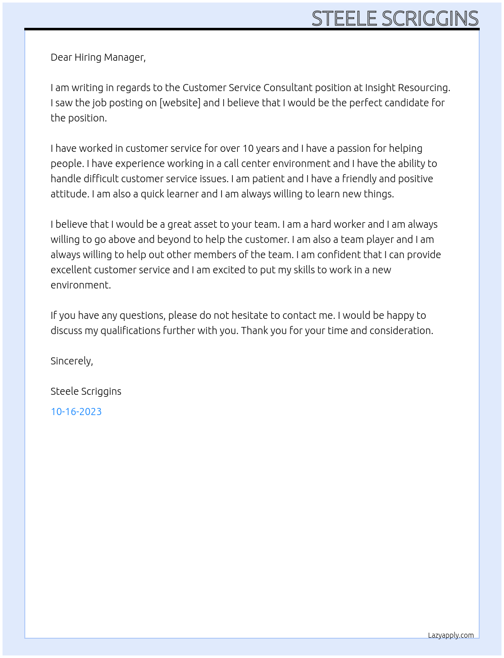 Customer Service Consultant At Insight Resourcing Cover Letter