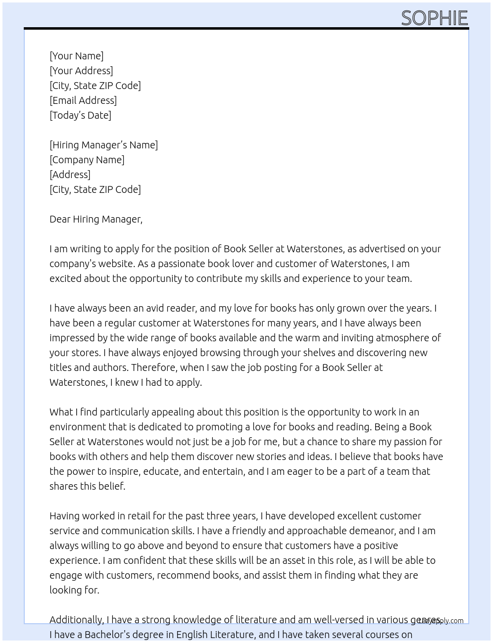 book seller At waterstones Cover Letter