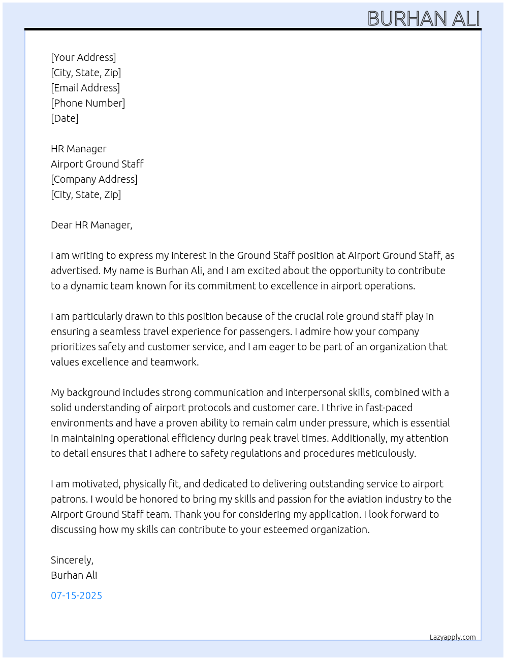 ground staff At AIRPORT GROUND STAFF Cover Letter