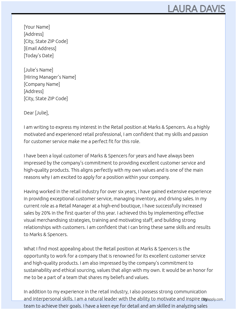 Retail At Marks & Spencers Cover Letter