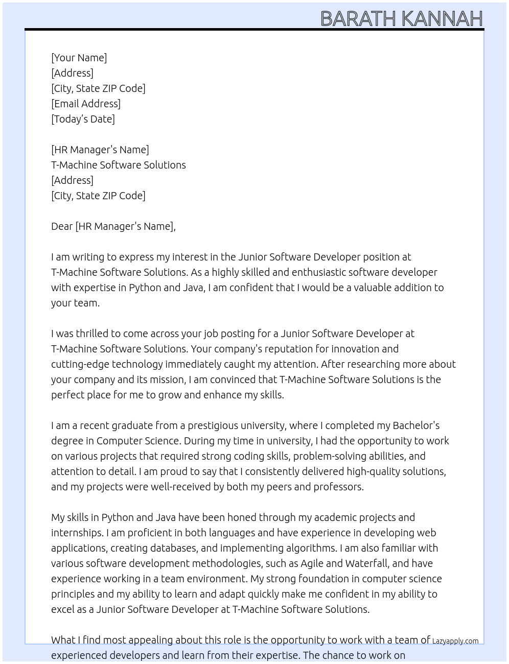 Junior software developer At T-Machine Software solutions Cover Letter