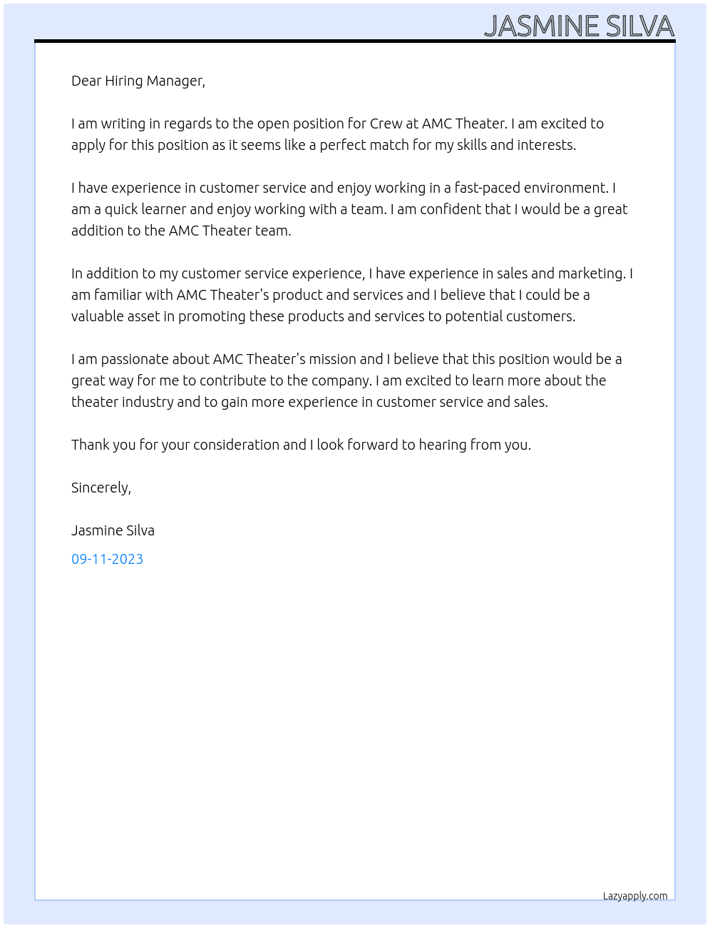 Crew At AMC Theater Cover Letter