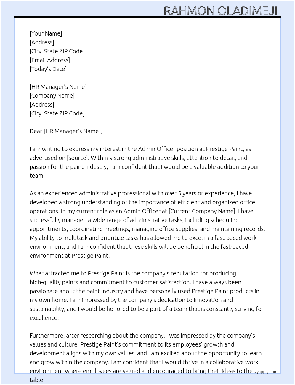 Admin officer At Prestige paint Cover Letter
