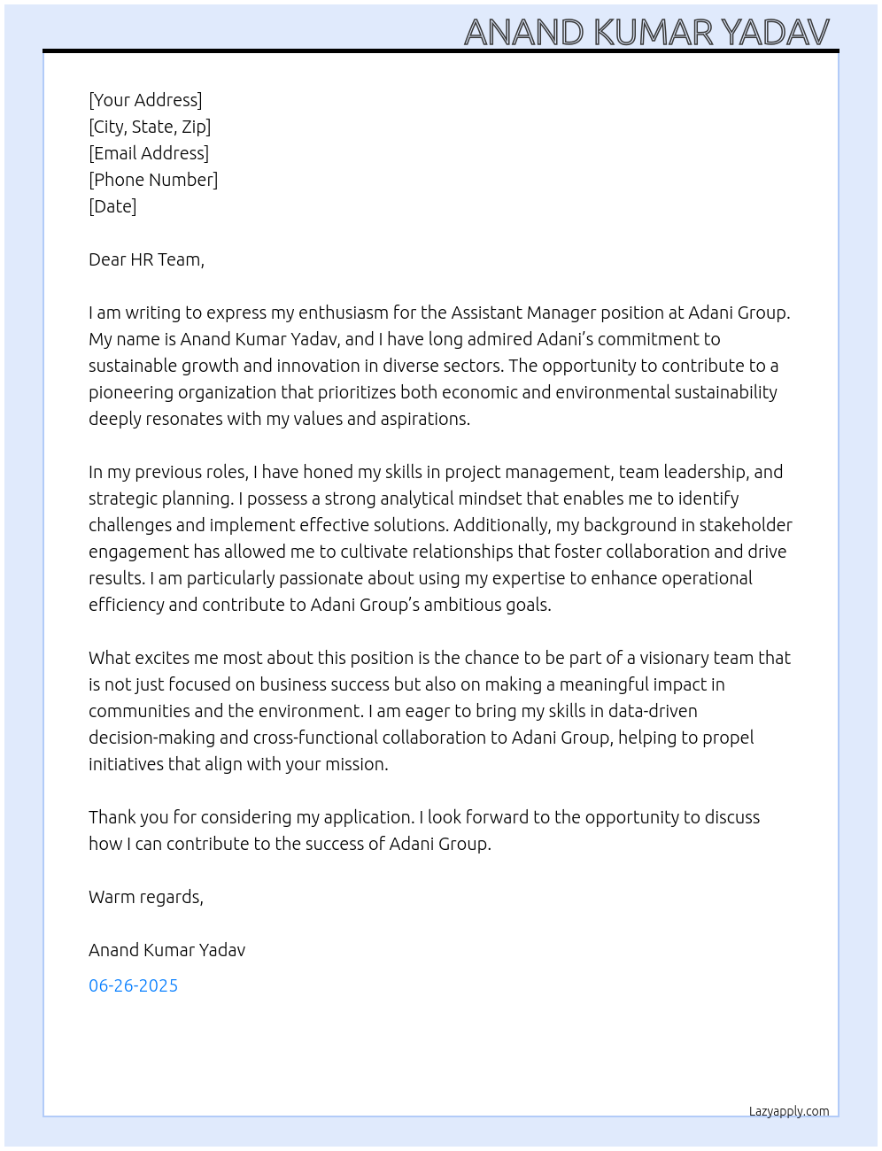 Assistant manager At Adani group Cover Letter