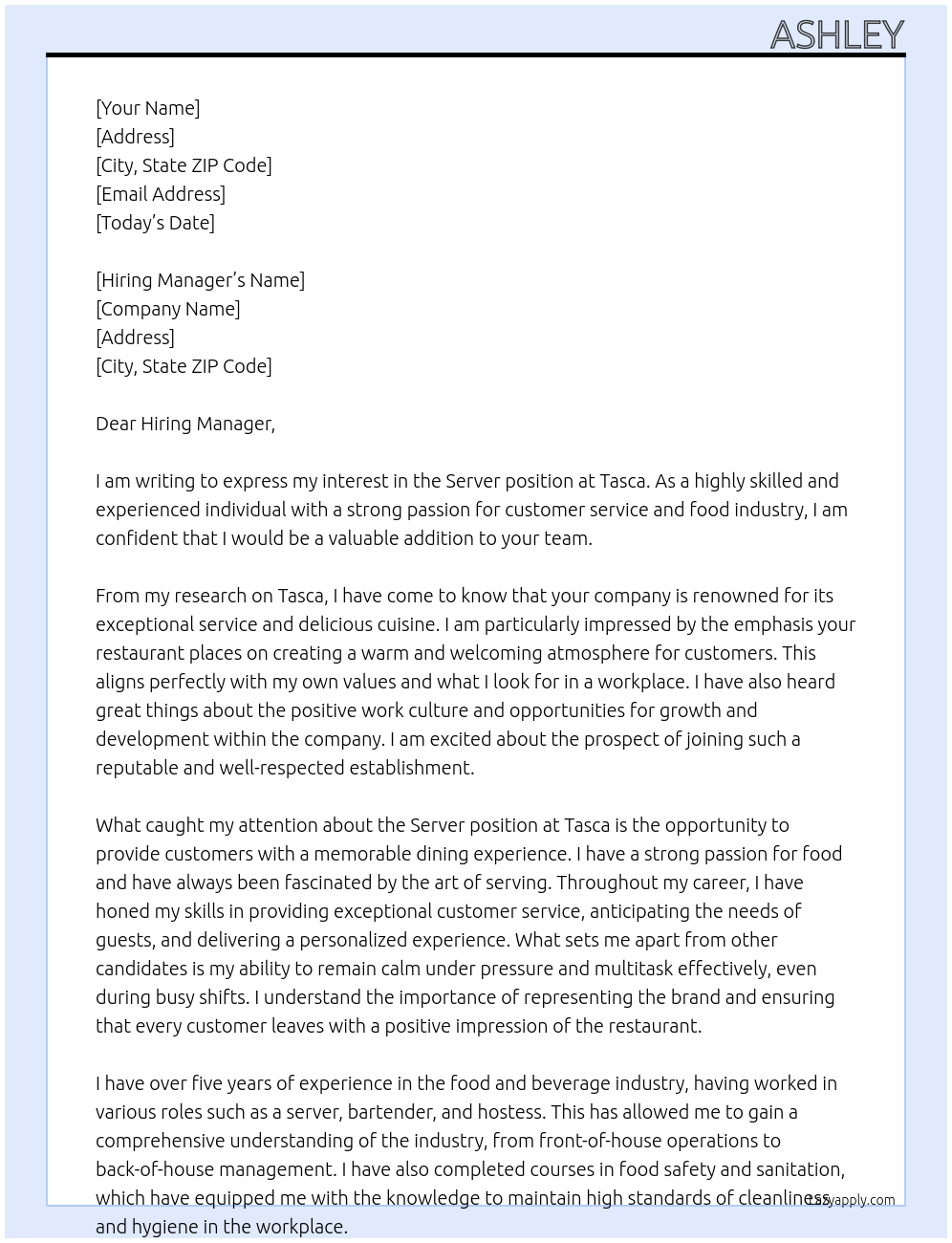 Server At Tasca Cover Letter