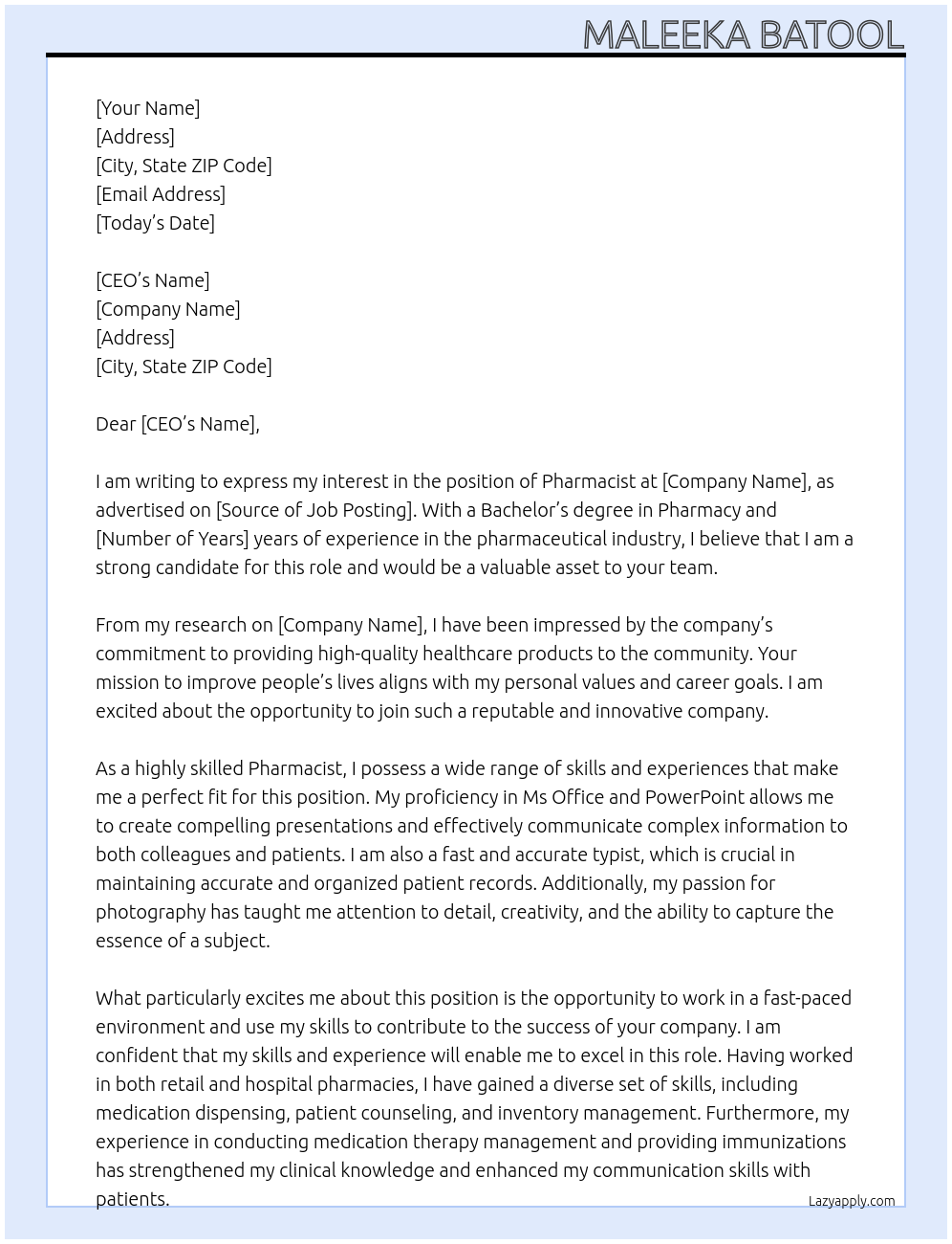 Pharmacist At Company Cover Letter